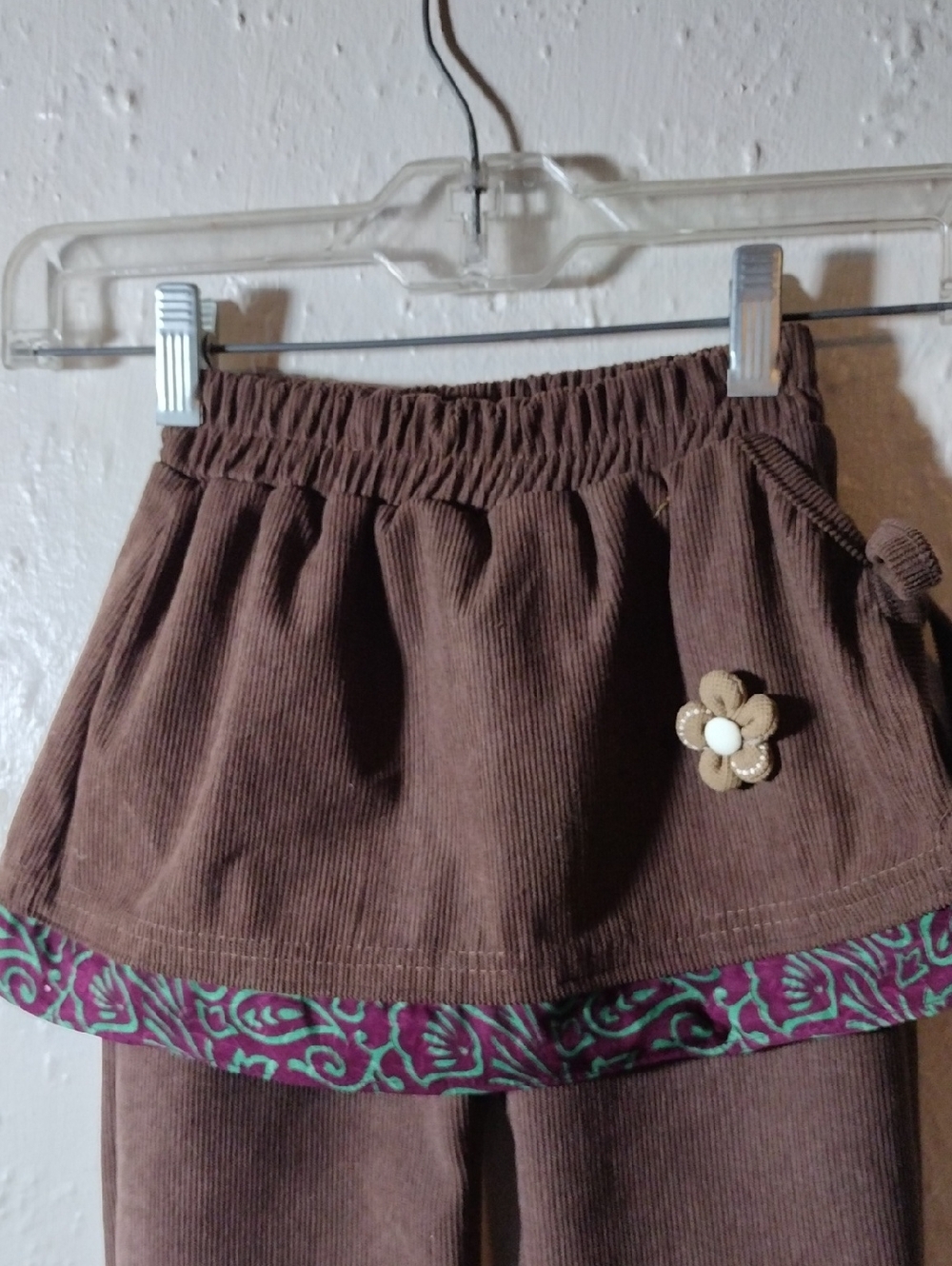 Size7,Girls Brown Corduroy Skirted Pants with Floral Trim - Picture 2 of 4